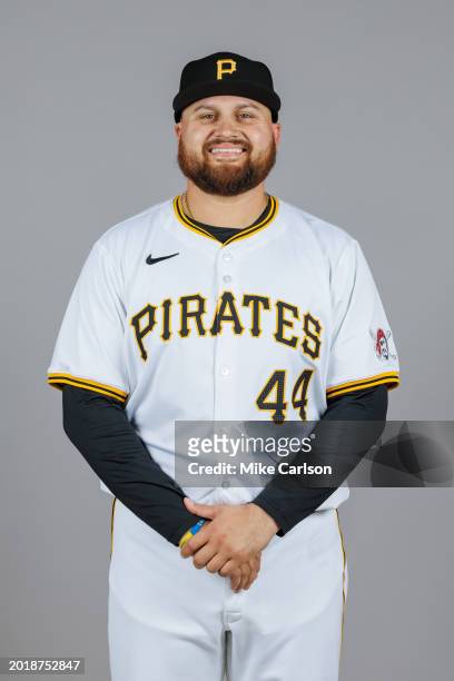 Rowdy Tellez of the Pittsburgh Pirates poses for a photo during the Pittsburgh Pirates Photo Day at LECOM Park on Tuesday, February 20, 2024 in...