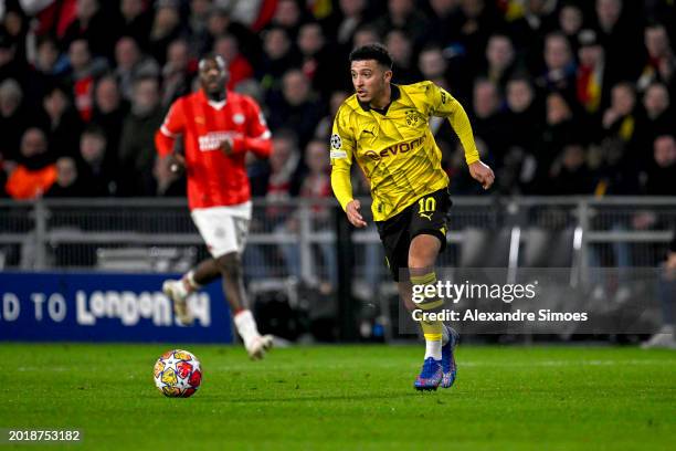 Jaden Sancho of Borussia Dortmund in action during the UEFA Champions League 2023/24 round of 16 first leg soccer match between PSV Eindhoven and...