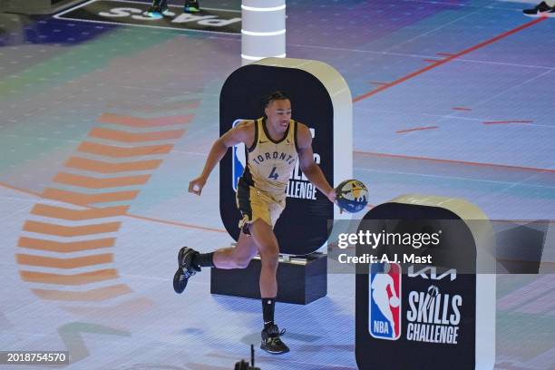 Scottie Barnes of the Toronto Raptors dribbles the ball during the Kia Skills Challenge as a part of State Farm All-Star Saturday Night on Saturday,...