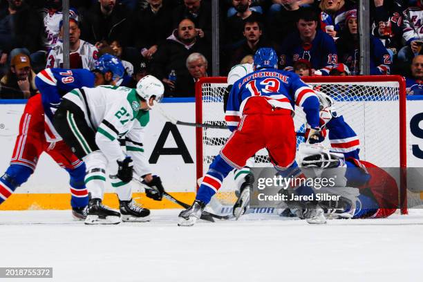 Igor Shesterkin of the New York Rangers makes a save against Mason Marchment of the Dallas Stars at Madison Square Garden on February 20, 2024 in New...