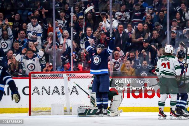 Gabriel Vilardi of the Winnipeg Jets celebrates after scoring a third period goal against the Minnesota Wild at the Canada Life Centre on February...