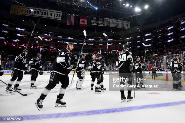 Los Angeles Kings celebrate their victory against the Columbus Blue Jackets at Crypto.com Arena on February 20, 2024 in Los Angeles, California.