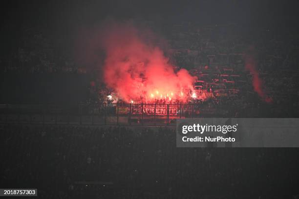 Club Atletico de Madrid supporters are cheering during the UEFA Champions League match between Inter FC Internazionale and Club Atletico de Madrid at...