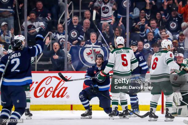 Sean Monahan of the Winnipeg Jets celebrates after scoring a third period goal against the Minnesota Wild at the Canada Life Centre on February 20,...