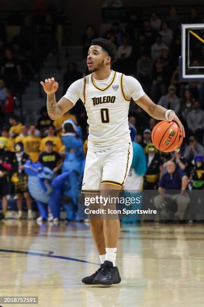 Toledo Rockets guard Ra'Heim Moss calls out a play during the second half of a regular season Mid-American Conference college basketball game between...