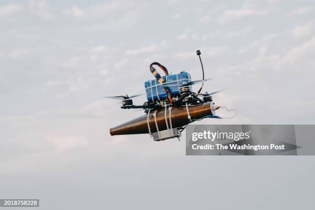Kamikaze drone with an anti-tank bomb flies from a forward bunker position on the Southern frontline near Orikhiv, Ukraine, on September 14, 2023.