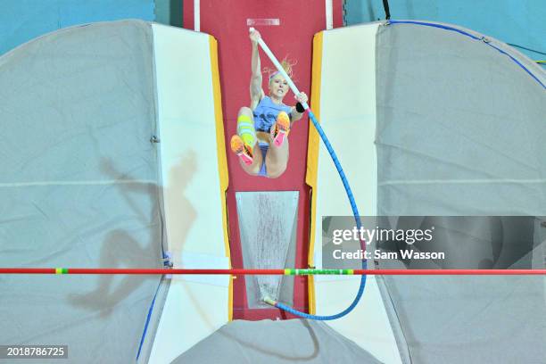 Sandi Morris competes in the Women's Pole Vault during the 2024 USATF Indoor Championships at the Albuquerque Convention Center on February 17, 2024...