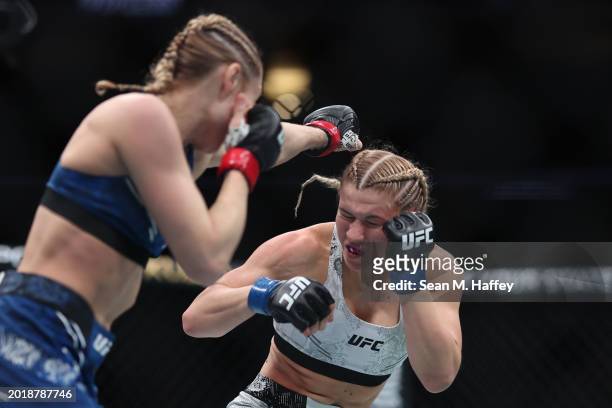 Miranda Maverick exchanges strikes with Andrea Lee during their women's flyweight fight during UFC 298 at Honda Center on February 17, 2024 in...