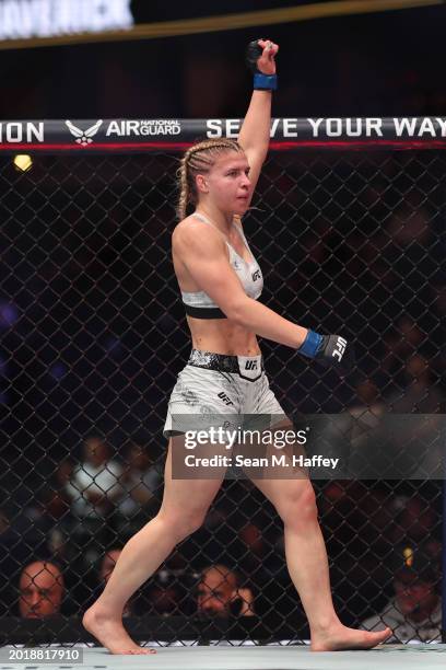 Miranda Maverick celebrates defeating Andrea Lee during their women's flyweight fight during UFC 298 at Honda Center on February 17, 2024 in Anaheim,...