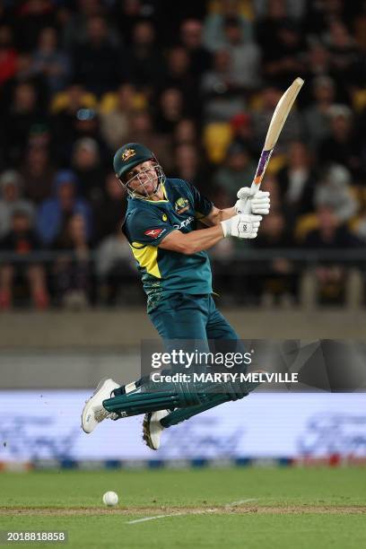 Australia's David Warner plays a shot during the first Twenty20 international cricket match between New Zealand and Australia at Sky Stadium in...