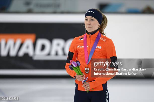 Zoe Deltrap of Netherlands pose on podium after Women`s 1500m medal ceremony during the ISU Junior World Cup Short Track Speed Skating at Thialf Ice...