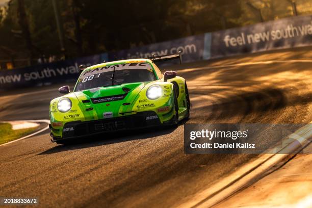 Matt Campbell drives the Manthey-EMA Porsche during the 2024 Bathurst 12 Hour Race at Mount Panorama on February 18, 2024 in Bathurst, Australia.