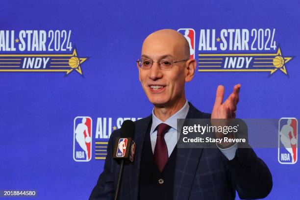 Commissioner Adam Silver speaks to the media at Lucas Oil Stadium on February 17, 2024 in Indianapolis, Indiana. NOTE TO USER: User expressly...