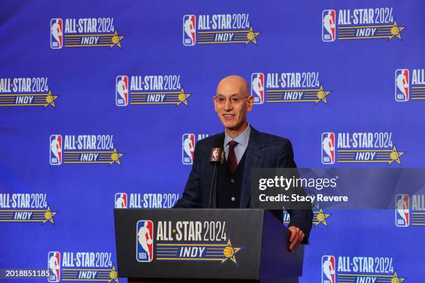 Commissioner Adam Silver speaks to the media at Lucas Oil Stadium on February 17, 2024 in Indianapolis, Indiana. NOTE TO USER: User expressly...