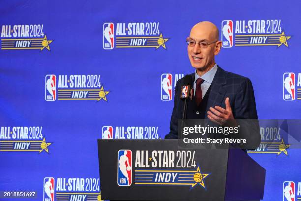 Commissioner Adam Silver speaks to the media at Lucas Oil Stadium on February 17, 2024 in Indianapolis, Indiana. NOTE TO USER: User expressly...