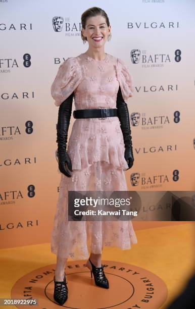 Rosamund Pike attends the EE BAFTA Film Awards 2024 Nominees' Party, supported by Bulgari at The National Gallery on February 17, 2024 in London,...