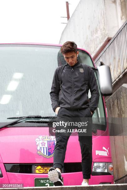 Kenyu Sugimoto of Cerezo Osaka is seen on arrival at the stadium prior to the J.League J1 match between Cerezo Osaka and Ventforet Kofu at Kincho...