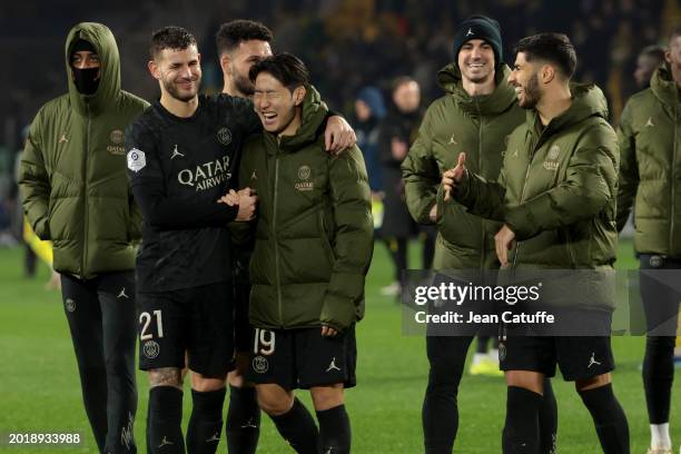 Lucas Hernandez, Lee Kang-in, Fabian Ruiz Pena, Marco Asensio of PSG laugh following the Ligue 1 Uber Eats match between FC Nantes and Paris...