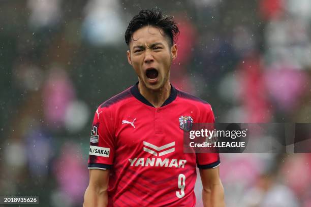 Kenyu Sugimoto of Cerezo Osaka celebrates after scoring the team's first goal during the J.League J1 match between Cerezo Osaka and Ventforet Kofu at...