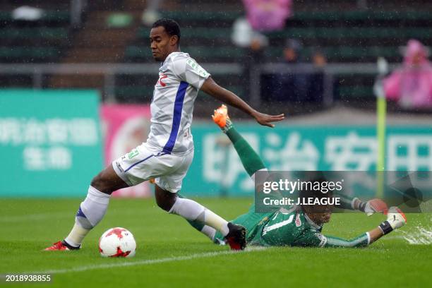 Lins of Ventforet Kofu and Kim Jin-hyeon of Cerezo Osaka compete for the ball during the J.League J1 match between Cerezo Osaka and Ventforet Kofu at...