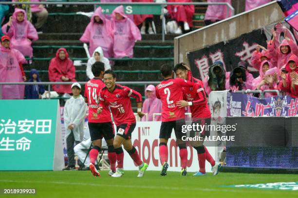 Kenyu Sugimoto of Cerezo Osaka celebrates with teammates after scoring the team's second goal during the J.League J1 match between Cerezo Osaka and...