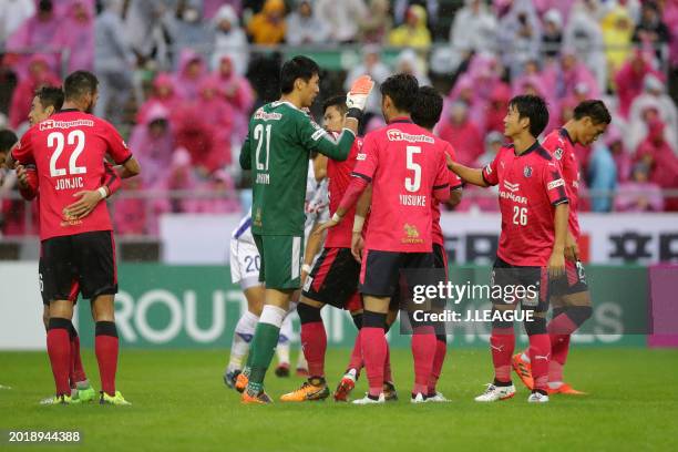 Cerezo Osaka players celebrate the team's 2-0 victory in the J.League J1 match between Cerezo Osaka and Ventforet Kofu at Kincho Stadium on October...