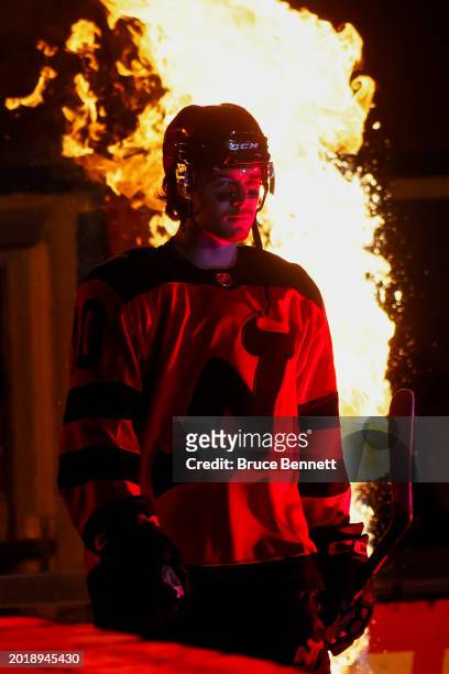 Alexander Holtz of the New Jersey Devils takes the ice prior to the 2024 Navy Federal Credit Union Stadium Series against the Philadelphia Flyers at...