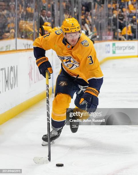 Jeremy Lauzon of the Nashville Predators skates against the Dallas Stars during an NHL game at Bridgestone Arena on February 15, 2024 in Nashville,...