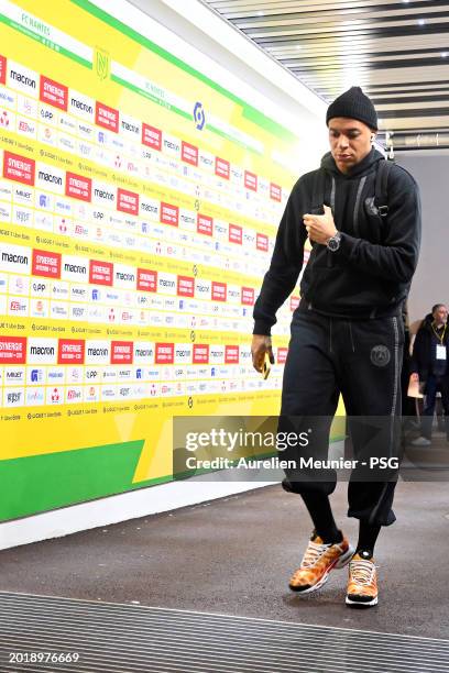 Kylian Mbappe of Paris Saint-Germain arrives to the stadium for the Ligue 1 Uber Eats match between FC Nantes and Paris Saint-Germain at Stade de la...