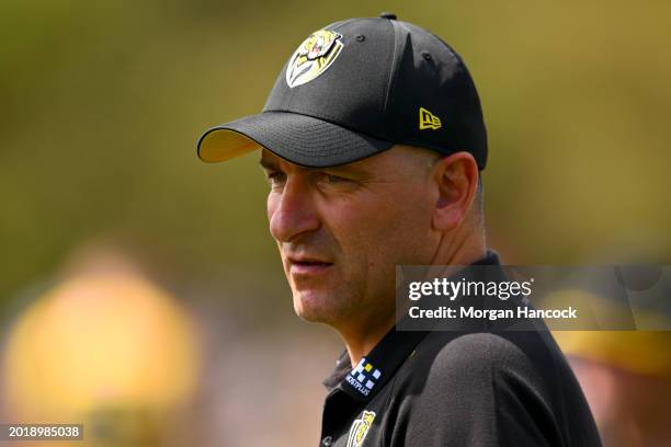 Adem Yze, Senior Coach of the Tigers at the three quarter time break during an AFL practice match between Melbourne Demons and Richmond Tigers at...