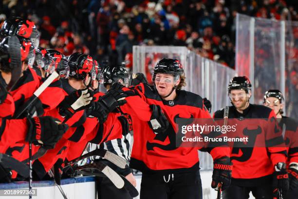 Tyler Toffoli of the New Jersey Devils is congratulated by his teammates after scoring a goal against the Philadelphia Flyers during the first period...