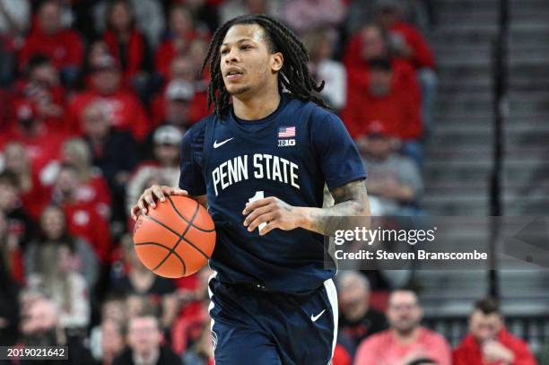 Ace Baldwin Jr. #1 of the Penn State Nittany Lions dribbles against the Nebraska Cornhuskers in the second half at Pinnacle Bank Arena on February...