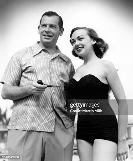 American actor Milton Berle and Edie Adams , pose during the Miss US Television beauty contest, circa 1950. Adams would win the contest.