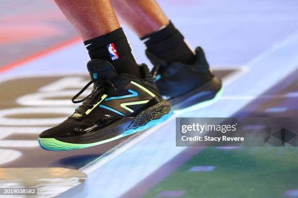 Detailed view of the shoes worn by Tyrese Maxey of the Philadelphia 76ers in the 2024 Kia Skills Challenge during the State Farm All-Star Saturday...