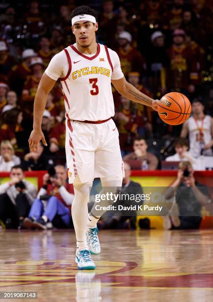 Tamin Lipsey of the Iowa State Cyclones drives the ball in the second half of play at Hilton Coliseum on February 17, 2024 in Ames, Iowa. The Iowa...