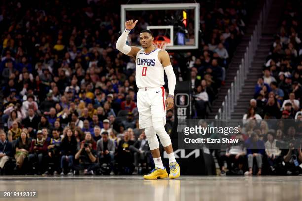 Russell Westbrook of the LA Clippers stands on the court during their game against the Golden State Warriors at Chase Center on February 14, 2024 in...