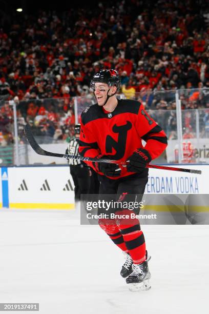 Nathan Bastian of the New Jersey Devils celebrates after scoring a goal against the Philadelphia Flyers during the second period during the 2024 Navy...