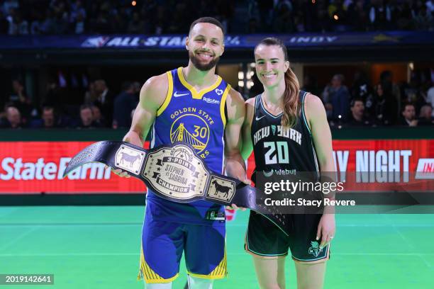 Stephen Curry of the Golden State Warriors and Sabrina Ionescu of the New York Liberty pose for a photo after their 3-point challenge during the...