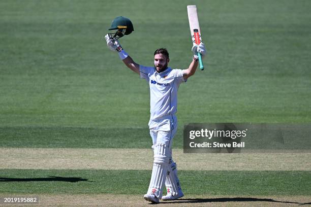 Caleb Jewell of the Tigers celebrates scoring a double century during the Sheffield Shield match between Tasmania and Western Australia at Blundstone...