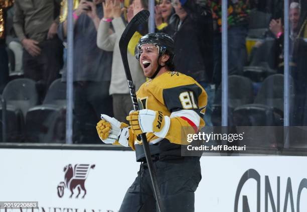 Jonathan Marchessault of the Vegas Golden Knights celebrates after a goal during the first period against the Carolina Hurricanes at T-Mobile Arena...