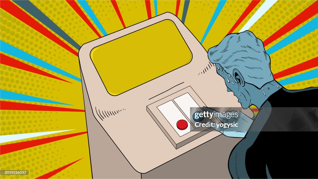 Send Button Sweating Vector Pop Art Sweating Superhero Choosing Button Stock Illustration ...