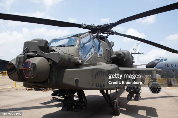 Air Force AH-64E Apache multi-role combat helicopter, manufactured by Boeing Co., on display during the Singapore Airshow in Singapore, on Wednesday,...