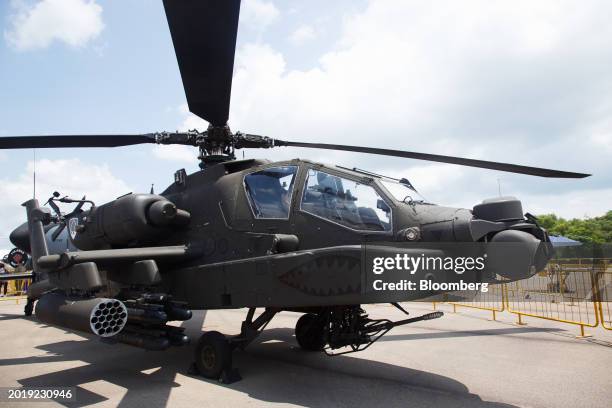 Air Force AH-64E Apache multi-role combat helicopter, manufactured by Boeing Co., on display during the Singapore Airshow in Singapore, on Wednesday,...