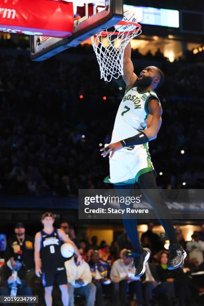 Jaylen Brown of the Boston Celtics participates in the 2024 AT&T Slam Dunk contest during the State Farm All-Star Saturday Night at Lucas Oil Stadium...