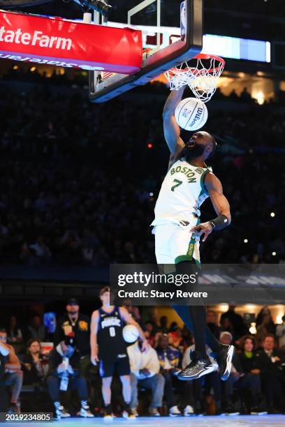 Jaylen Brown of the Boston Celtics participates in the 2024 AT&T Slam Dunk contest during the State Farm All-Star Saturday Night at Lucas Oil Stadium...
