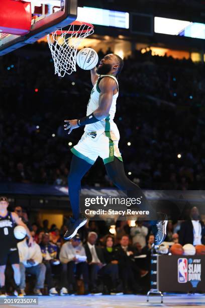 Jaylen Brown of the Boston Celtics participates in the 2024 AT&T Slam Dunk contest during the State Farm All-Star Saturday Night at Lucas Oil Stadium...