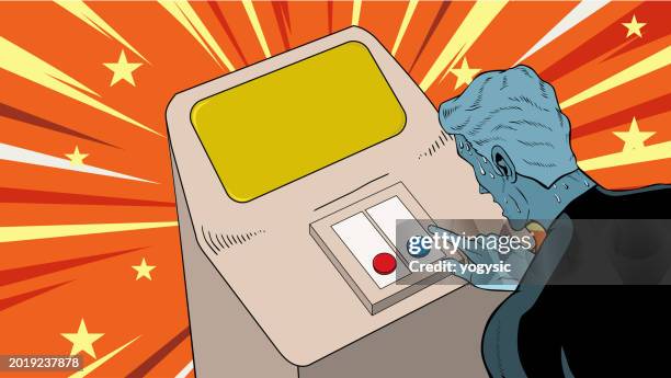 bildbanksillustrationer, clip art samt tecknat material och ikoner med vector pop art sweating superhero choosing button stock illustration - emergencies and disasters stock illustrations