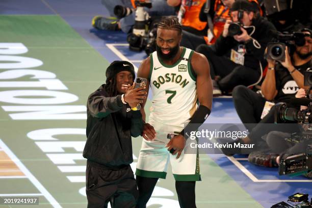 Kai Cenat and Jaylen Brown attend 2024 State Farm All-Star Saturday Night at Lucas Oil Stadium on February 17, 2024 in Indianapolis, Indiana.