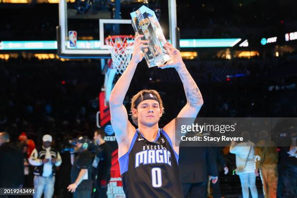 Mac McClung of the Osceola Magic celebrates after winning the 2024 AT&T Slam Dunk contest during the State Farm All-Star Saturday Night at Lucas Oil...