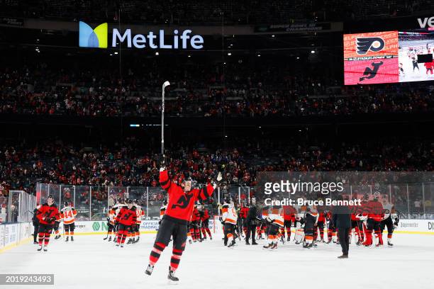 Erik Haula of the New Jersey Devils celebrates the teams 6-3 win against the Philadelphia Flyers during the 2024 Navy Federal Credit Union Stadium...